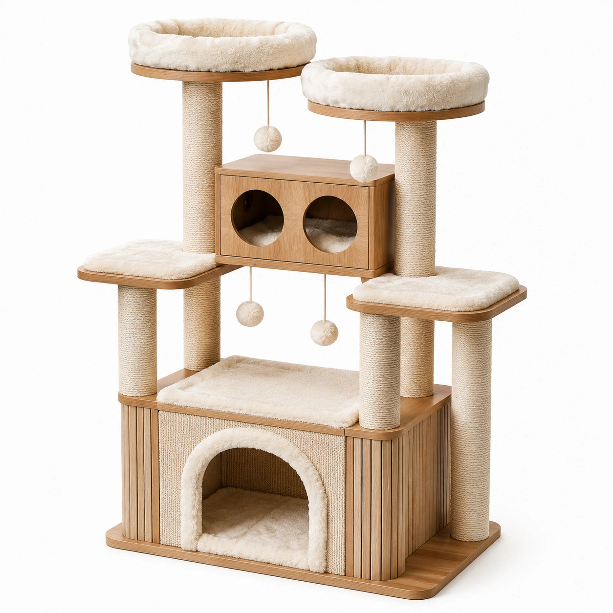 Árbol para gatos de MDF con plataformas y caseta de poliéster beige 120 cm