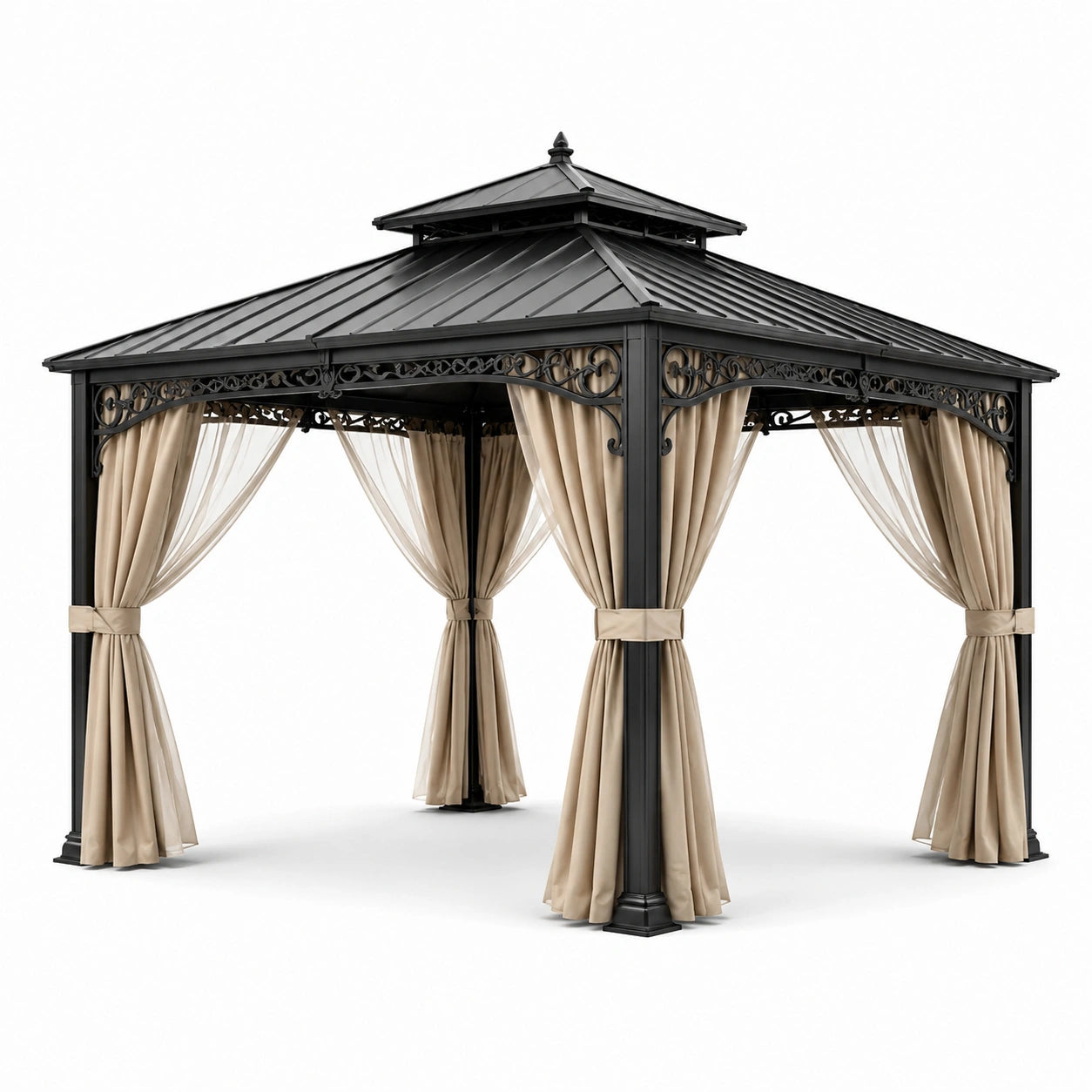 Gazebo de metal con techo de acero y cortinas beige 300x400 cm