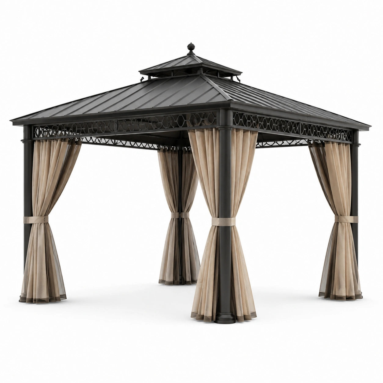 Gazebo de acero con techo de metal y cortinas de poliéster 3x4m