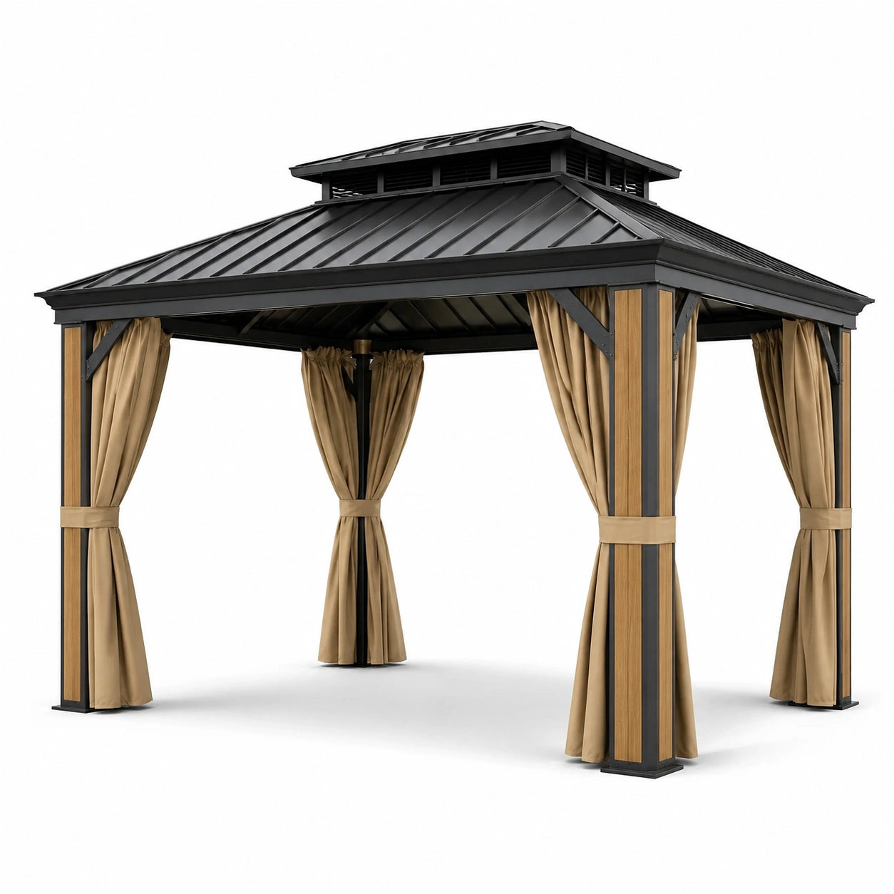 Pérgola de Aluminio y Acero con Cortinas de Poliéster Beige