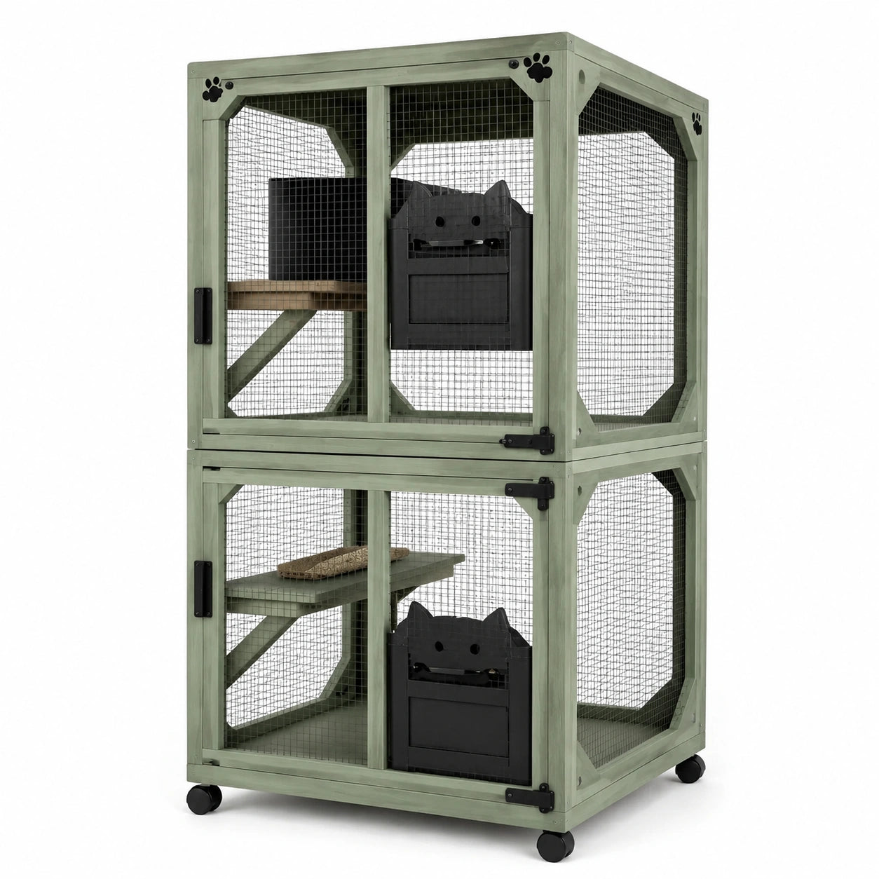 Jaula para gatos de madera y acero galvanizado verde con estantes