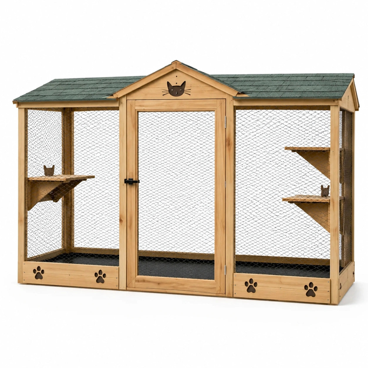 Jaula de madera para gatos de exterior con techo verde y plataformas
