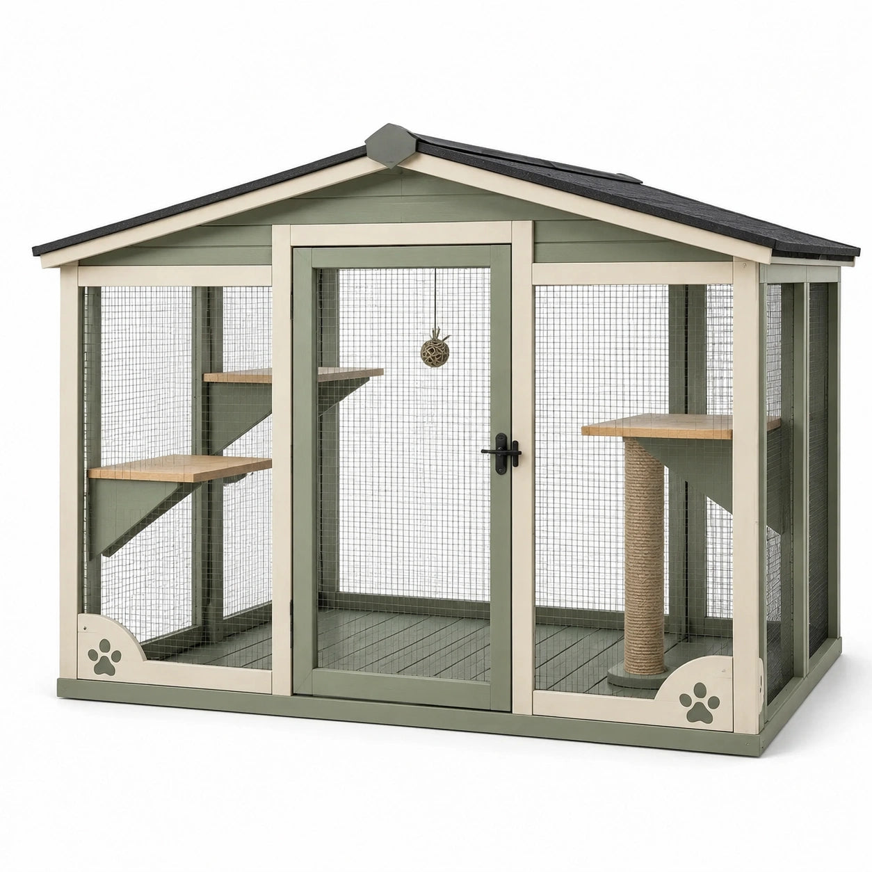 Jaula de madera y metal para gatos con techo verde y beige