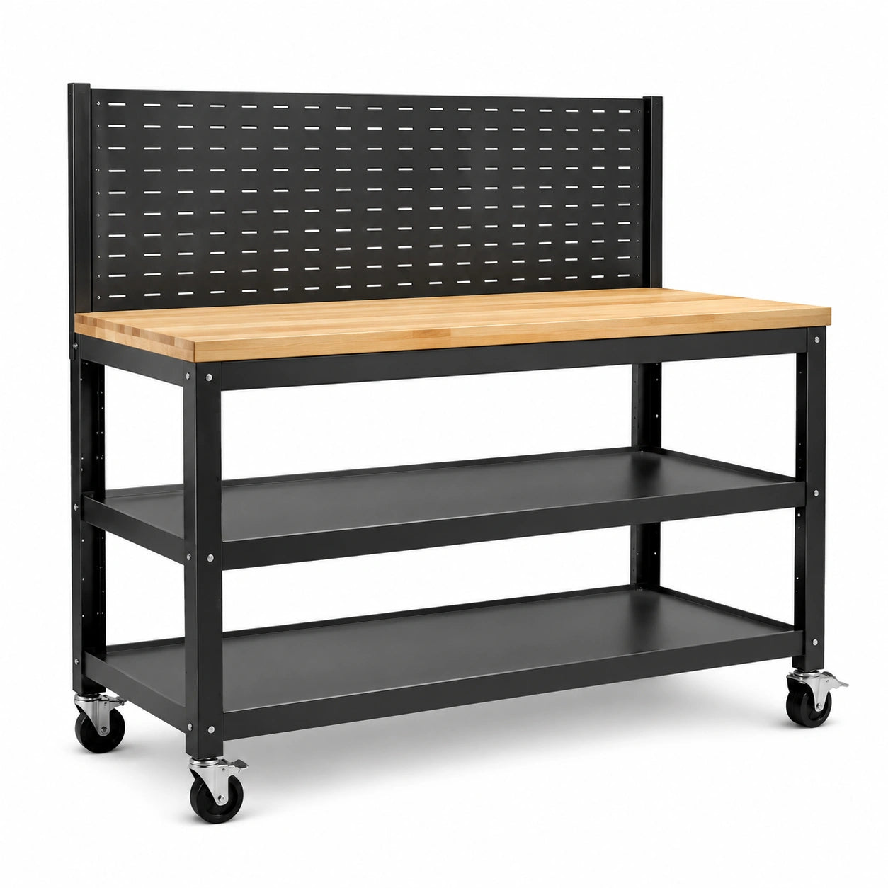 Mesa de trabajo negra de metal con encimera de haya