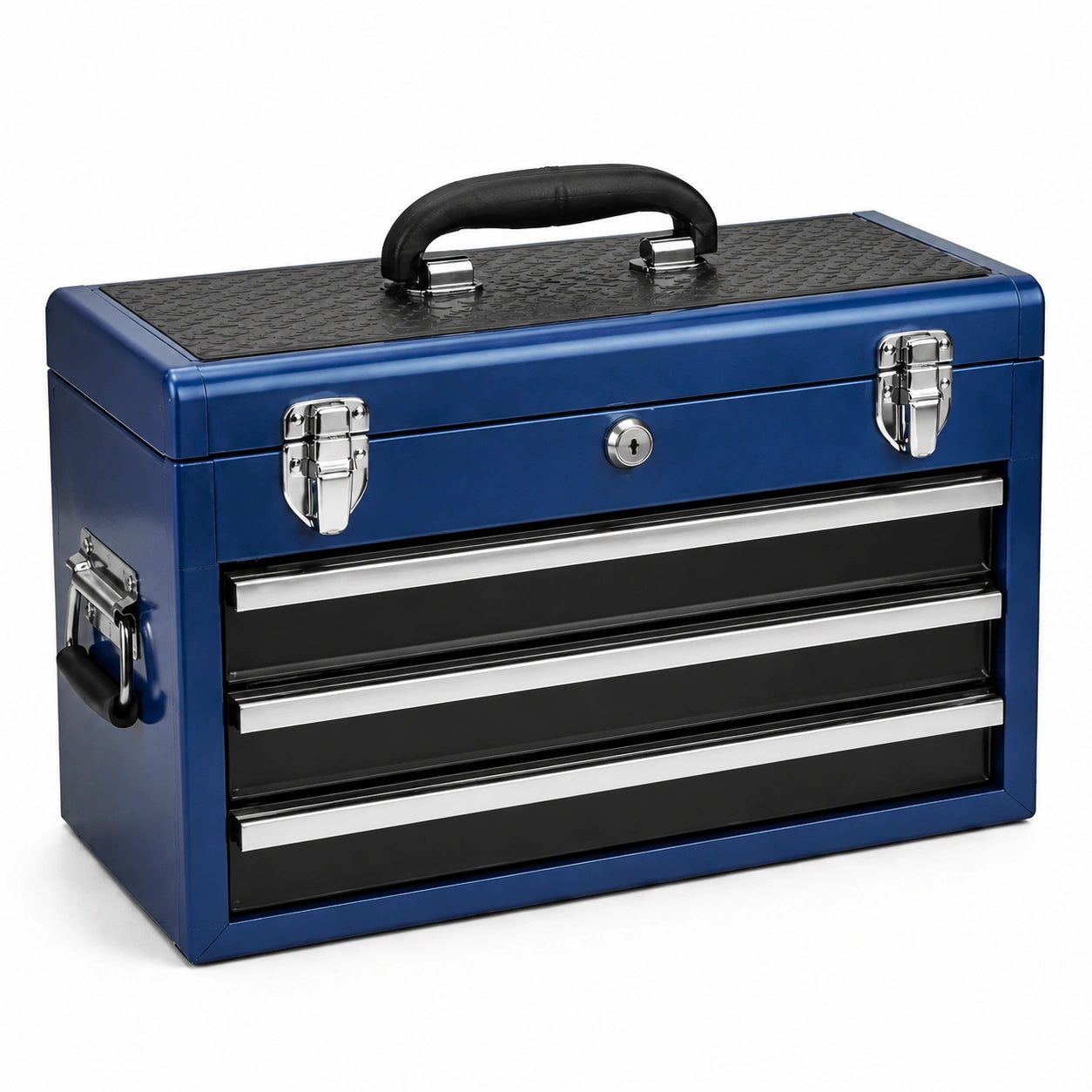 Caja de herramientas de metal con 3 cajones azul y negro