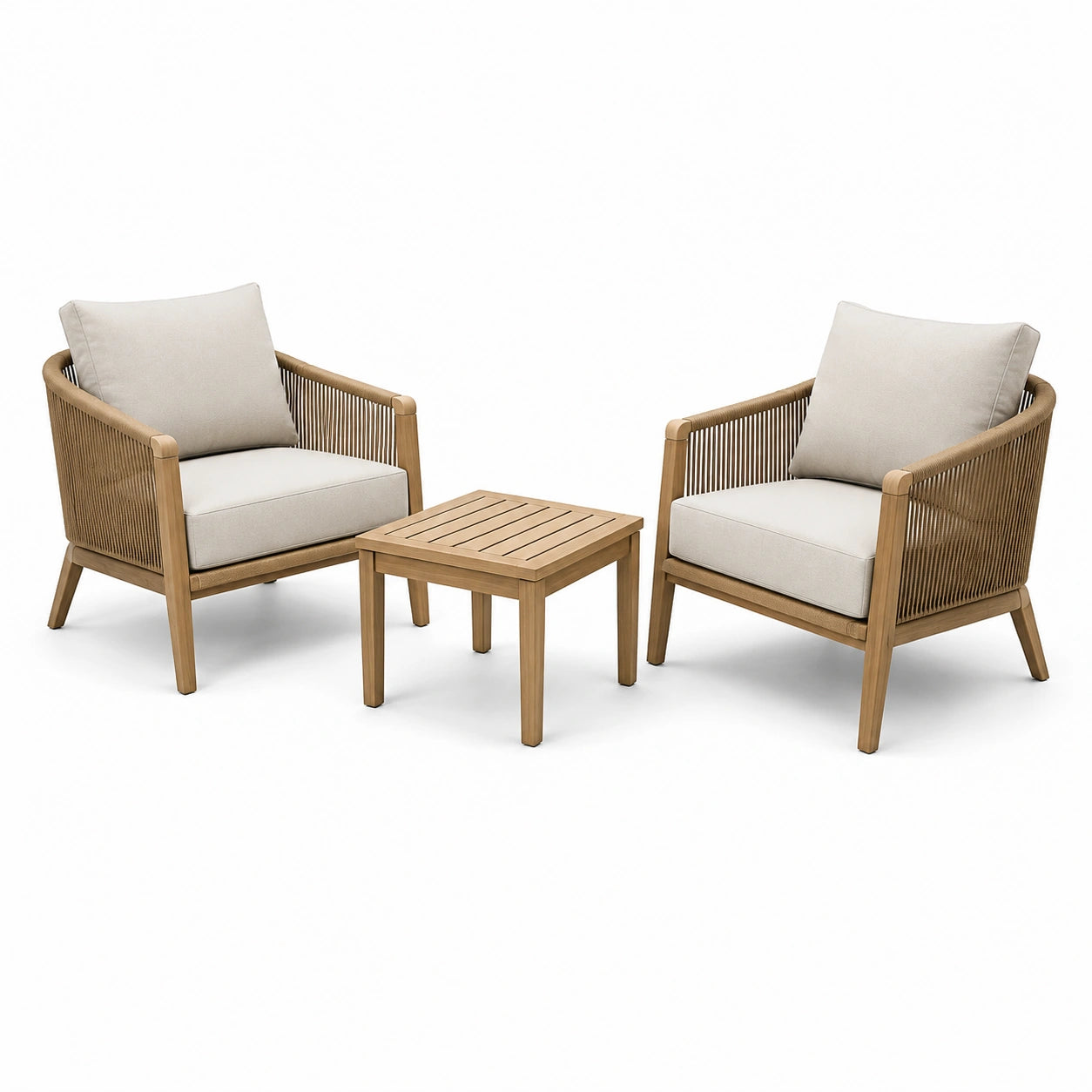 Conjunto de sillas y mesa de madera de teca y cuerda sintética beige para exterior