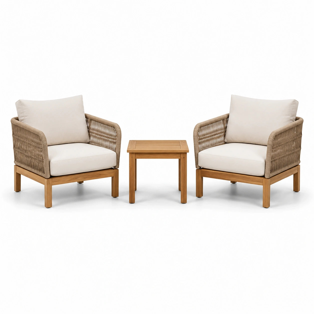 Conjunto de sillas y mesa de jardín de madera y cuerda sintética beige