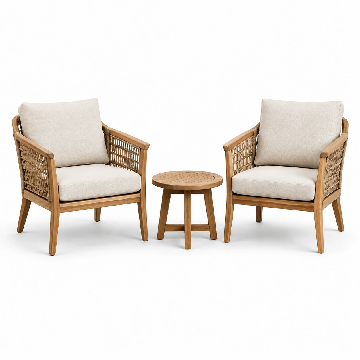 Conjunto de jardín de madera y ratán beige con mesa redonda