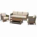 Conjunto de sofás de ratán sintético gris con cojines beige y mesa de madera