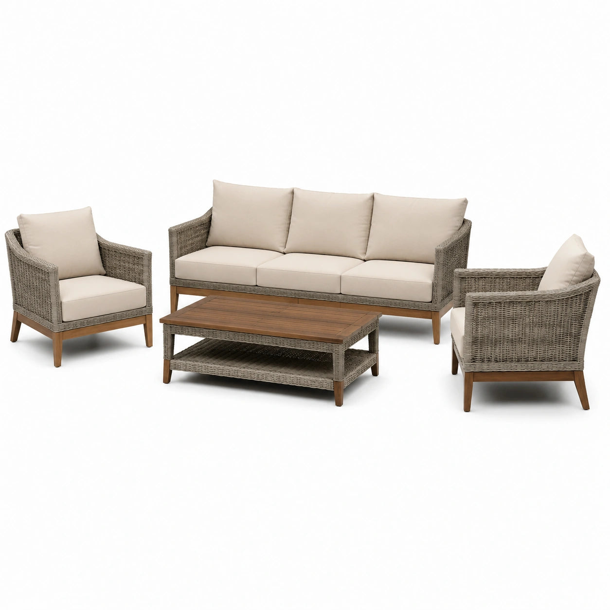 Conjunto de sofás de ratán sintético gris con cojines beige y mesa de madera