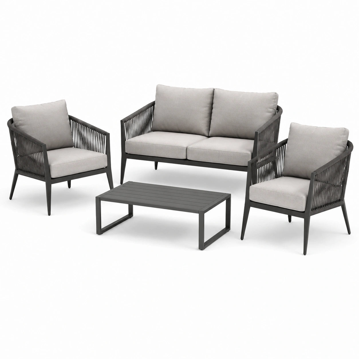 Conjunto exterior de aluminio con cojines de poliéster grises y mesa